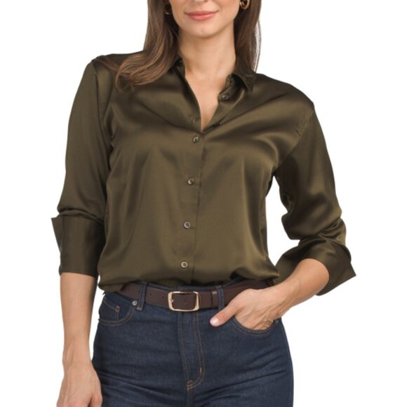 FRAME Silk Blend Standard Button Down Shirt Military - Picture 1 of 2